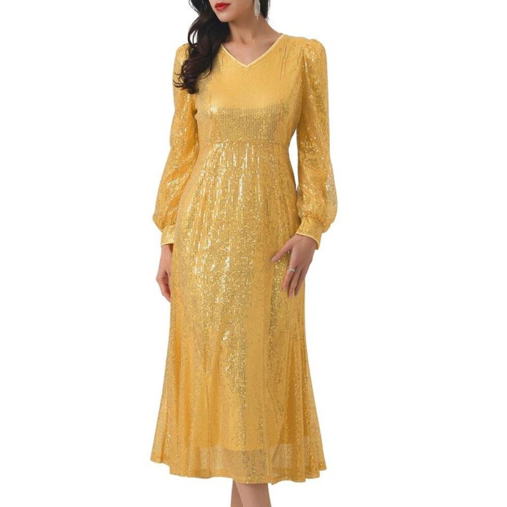 INSPIRE CHIC Women's Long Sleeve V-neck Dresses Gold Medium